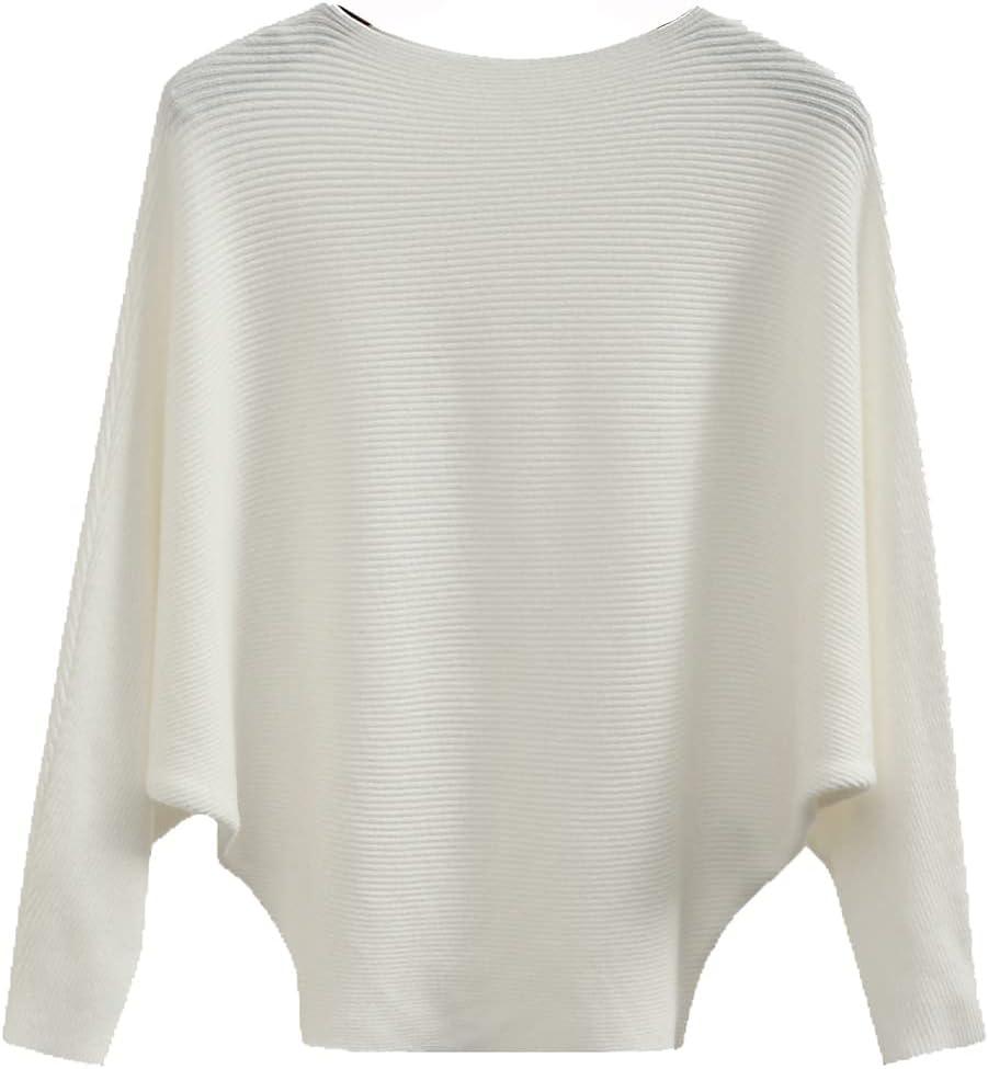 Ckikiou Women's Lightweight Oversized Boat Neck Sweaters Tops Dolman Batwing Sleeve Ribbed Knitted Pullovers (White) One Size