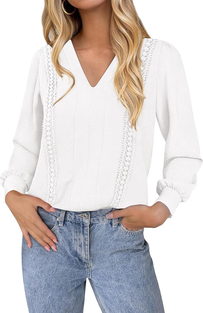 dowerme Womens Tops 2026 Spring V Neck T-Shirts Long Sleeve Shirts Lace Crochet Work Blouses Dressy Casual Loose Tunics (White, L)