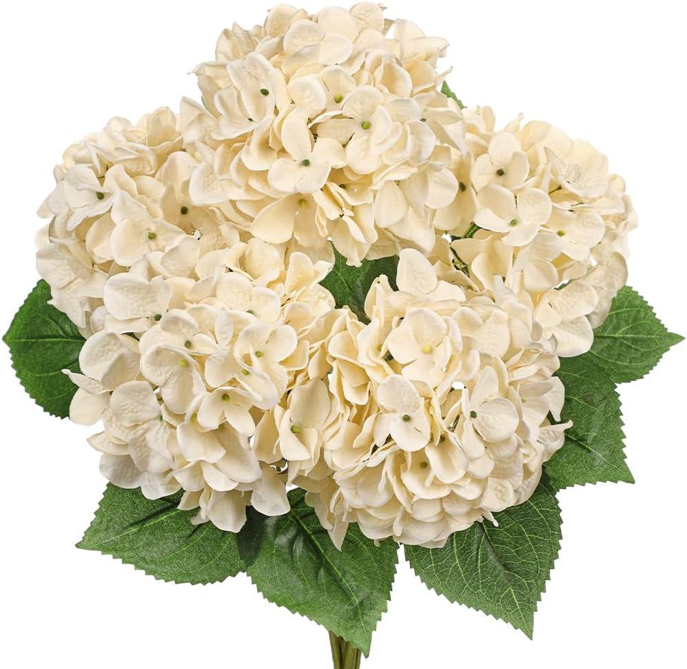Hollyone Beige Hydrangea Artificial Flowers Large Artificial Hydrangeas Silk Flowers for Home Decor Indoor Wedding Flowers Bouquets Faux Flowers Kitchen Centerpiece Table Decorations