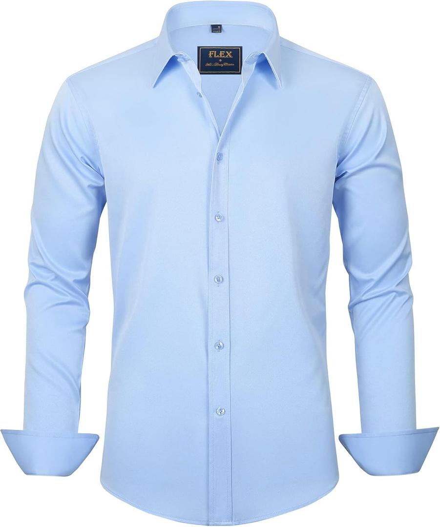 J.VER Men's Dress Shirts Solid Long Sleeve Stretch Wrinkle-Free Formal Shirt Business Casual Button Down Shirts (Blue, XXL)