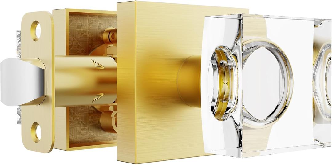 Gold Crystal Glass Door Knobs - Satin Brass Square Modern Door Handle for Hallway & Closet (1 Pack Passage)