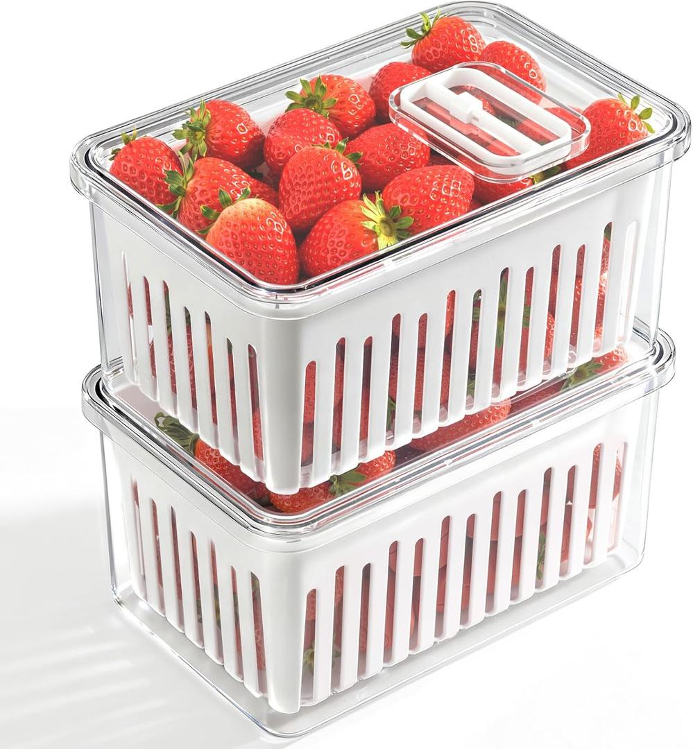 2 Pcs 3.42 Quart/3.2 L Large Berry Containers for Fridge with Colander, Lid Plastic Berry Keeper Produce Saver with Adjustable Air Vent Storage Keep Fruit Lettuce Fresh, 8.3x5.5x4.3inch