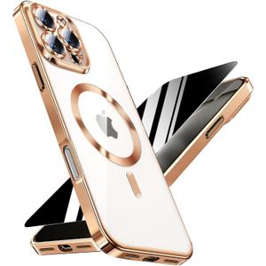 Magnetic for iPhone 16 Pro Max Case with Privacy Screen Protector & Full Camera Cover,[Non-Yellowing] Plating Glossy Soft Shockproof Clear Phone Case with MagSafe Women Girls for 16 ProMax,Gold