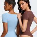 Avidlove Women's Short Sleeve Bodysuit Square Neck Body Suits One Piece T Shirt Summer Going Out Tops Date Outfits (Brown, S)