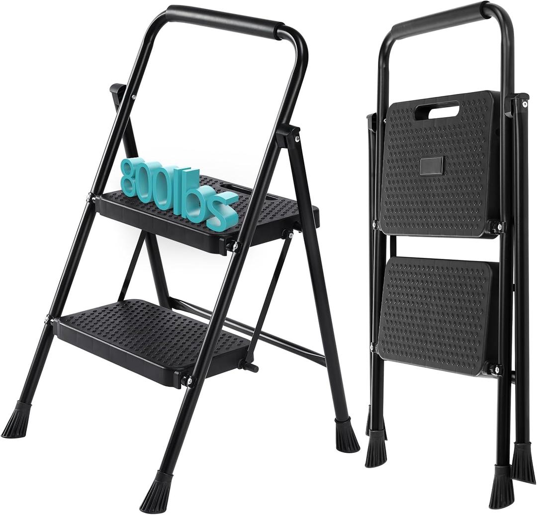 Smug Step Ladder, 2 Step Stool Foldable with Anti-Slip Pedal & Comfortable Handrail, 800lbs Capacity Sturdy Steel Ladder, Protable Heavy Duty Step Stool for Kitchen, Garage & Outdoor Use, Black