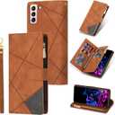 UEEBAI Wallet Case for Samsung Galaxy S21 5G, Vintage Premium PU Leather Cover Flip Case with Card Slots Magnetic Closure Zipper Pocket Kickstand Handbag with Hand Strap - Brown