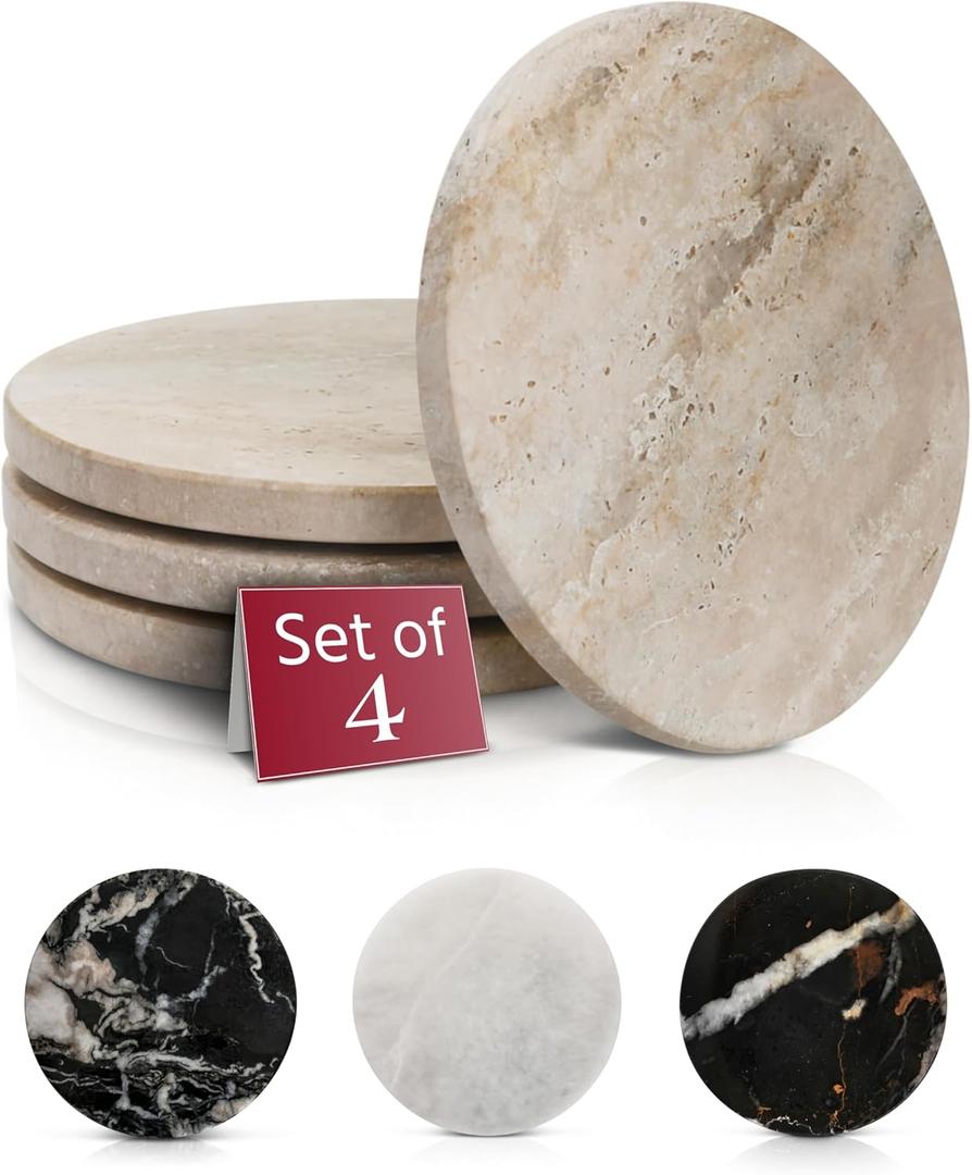 Gusto Nostro Beige Travertine Coasters - Absorbent Stone Coasters Set of 4 - High-end, Natural Stone Coaster for Drinks - Anti-slip Round Artisanal Travertine Coaster for Kitchen Counter, Coffee Table