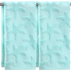 SmoothNovelty 2 Pcs Starfish Hand Towels for Bathroom 100% Cotton Jacquard Weave Bath Towel Set Soft Absorbent Dish Washcloth for Bathroom Kitchen Sea Theme Gifts 13.8 x 29.5 Inch (Blue Green)