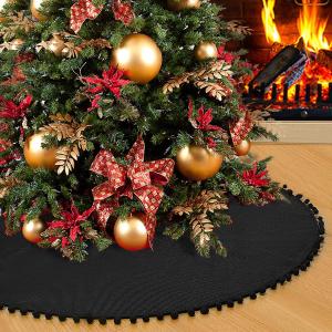 SevenFish Christmas Tree Skirt, Black Christmas Tree Skirt 36 inches Soft Double Layer Burlap Tree Skirt with Pom Pom for Rustic Christmas Halloween Decorations