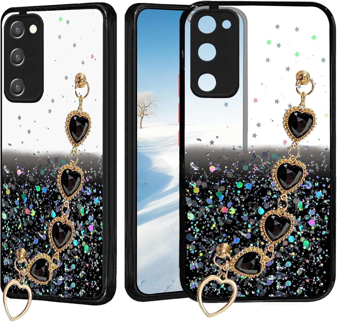 Phone Case for Samsung A03s, Glitter Star for Samsung Galaxy A03s Case Clear with Strap Chain, Shockproof Protective Cover Silicone Pink Slim Anti-Slip Drop Proof (Black)