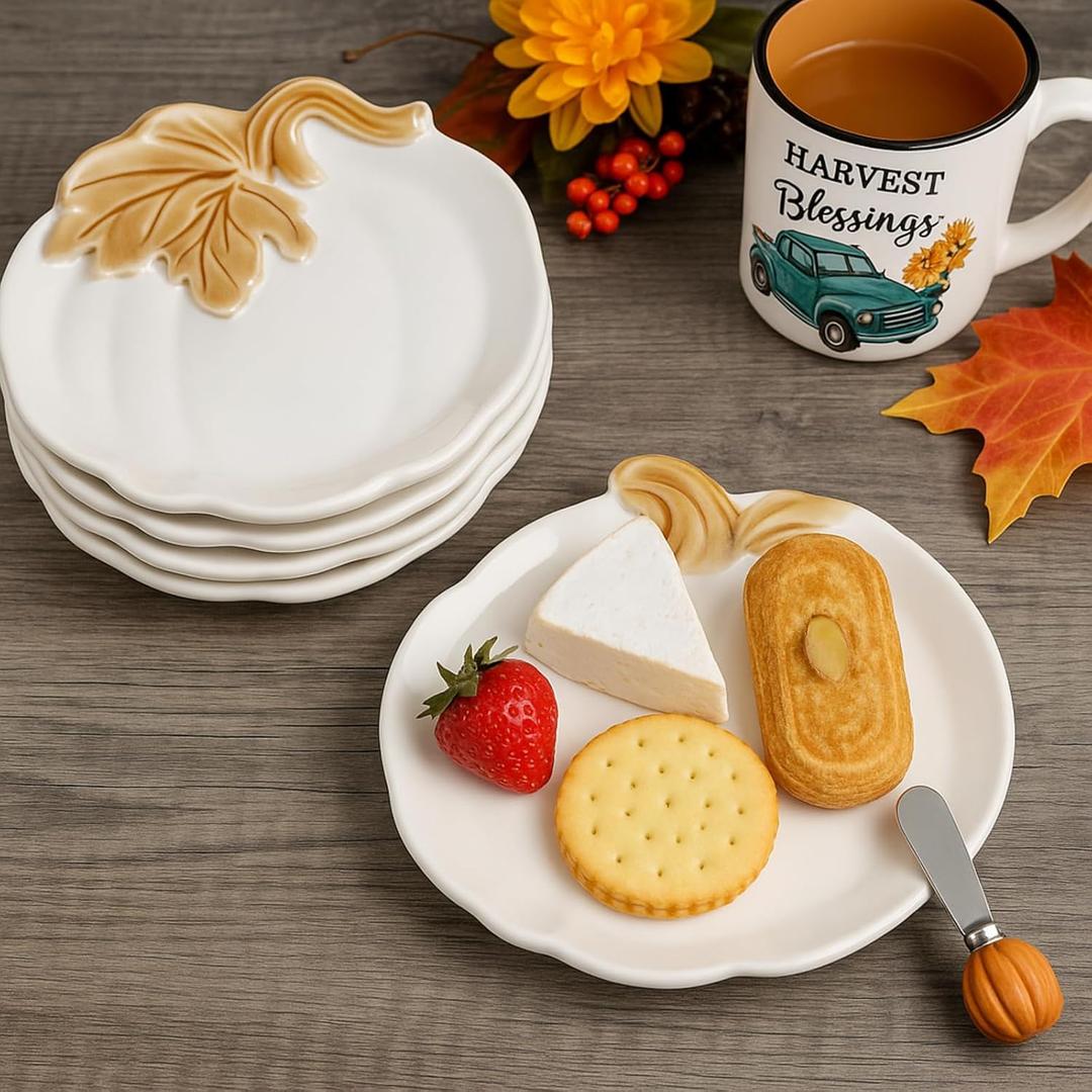 4 Pcs 5.91'' Ceramic Pumpkin Plates Fall Thanksgiving Candy Dishes Platters Harvest Serving Bowl for Thanksgiving Halloween Autumn Party Supplies Dinnerware (White)