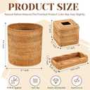 Teenyyou 3 Pcs Rattan Bathroom Accessories Set Wicker Handwoven Trash Can Basket Waste Paper Basket Square Tissue Box Holder Toilet Vanity Tray for Kitchen Office Organizer Decorative(Natural)