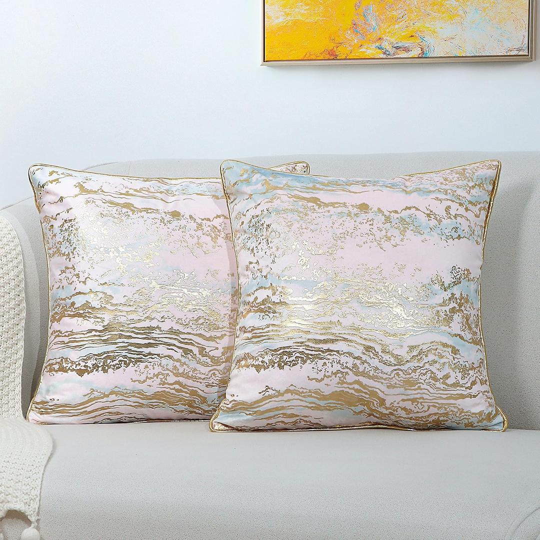 Velvet Throw Pillow Covers 18x18, Pack of 2 Soft Decorative Gold Pillowcases Square Cushion Covers Luxury Modern Pillow Covers for Couch Sofa Bed Living Room Home Decoration, JY072-PK/GD-45