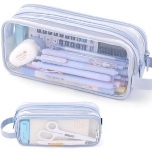 ANGOOBABY Large Grid Mesh Pencil Case 2 Compartment Pen Bag Clear Handheld Multifunction Pencil Pouch Transparent Makeup Bag for Teen Student College Business Travel Office Adult - Blue