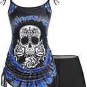 Rosegal Womens Plus Size Skull Rose Tie Dye Print Cinched Ruched Tie Boyshorts Tankini Swimsuit Set (3XL, Blue)