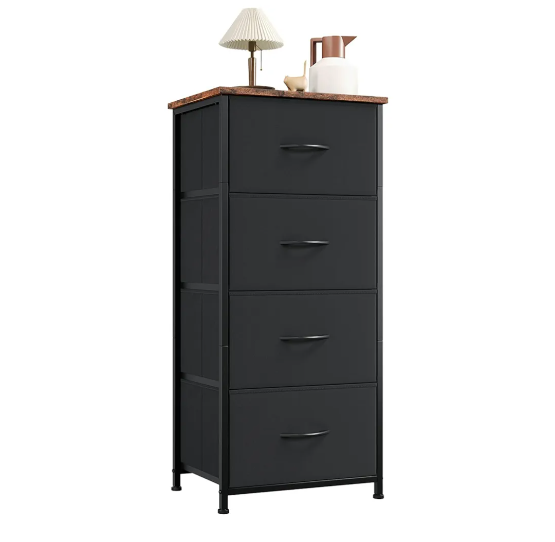 Tall Dresser for Bedroom, 4 Drawer Storage Organizer Chest of Drawers with Removable Fabric Bins for Living Room Closet Bedside Nursery Laundry Entryway Hallway, Black