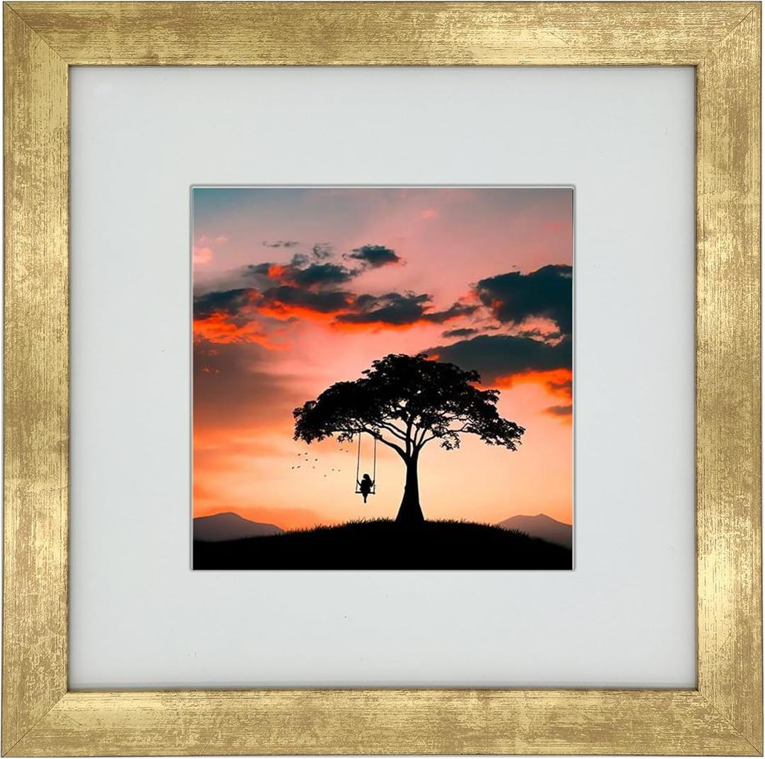 8x8 Photo Frame Gallery Picture frame with 5x5 mat,Freestanding and Wall Mountable,Gold