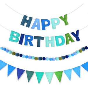CANREVEL Pre-Strung 3D Happy Birthday Banner, 3 PCS Happy Birthday Felt Garland, Pom Pom Garland, Triangle Fabric Garland Bunting, Reusable Birthday Decorations for Women Men Girls Boys, Blue Green