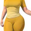 Lounge Wear Casual 2 Piece Outfits Sets for Women Skinny Crew Neck T-shirt High Waist Leggings Shorts Workout Set (Yellow, XL)