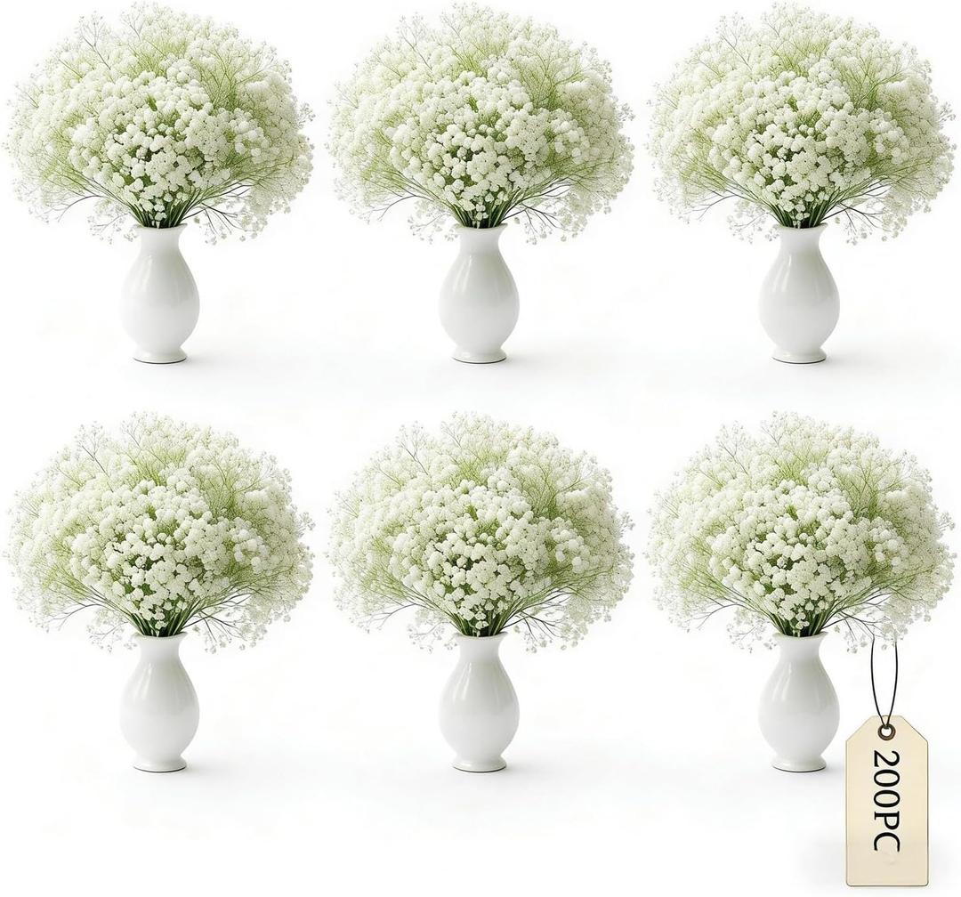 200 Pcs Artificial Baby's Breath Flowers Bulk, Real Touch White Gypsophila Fake Flowers with Bendable Stems for Wedding Bouquets, Centerpieces, DIY Crafts, Home Garden Decor