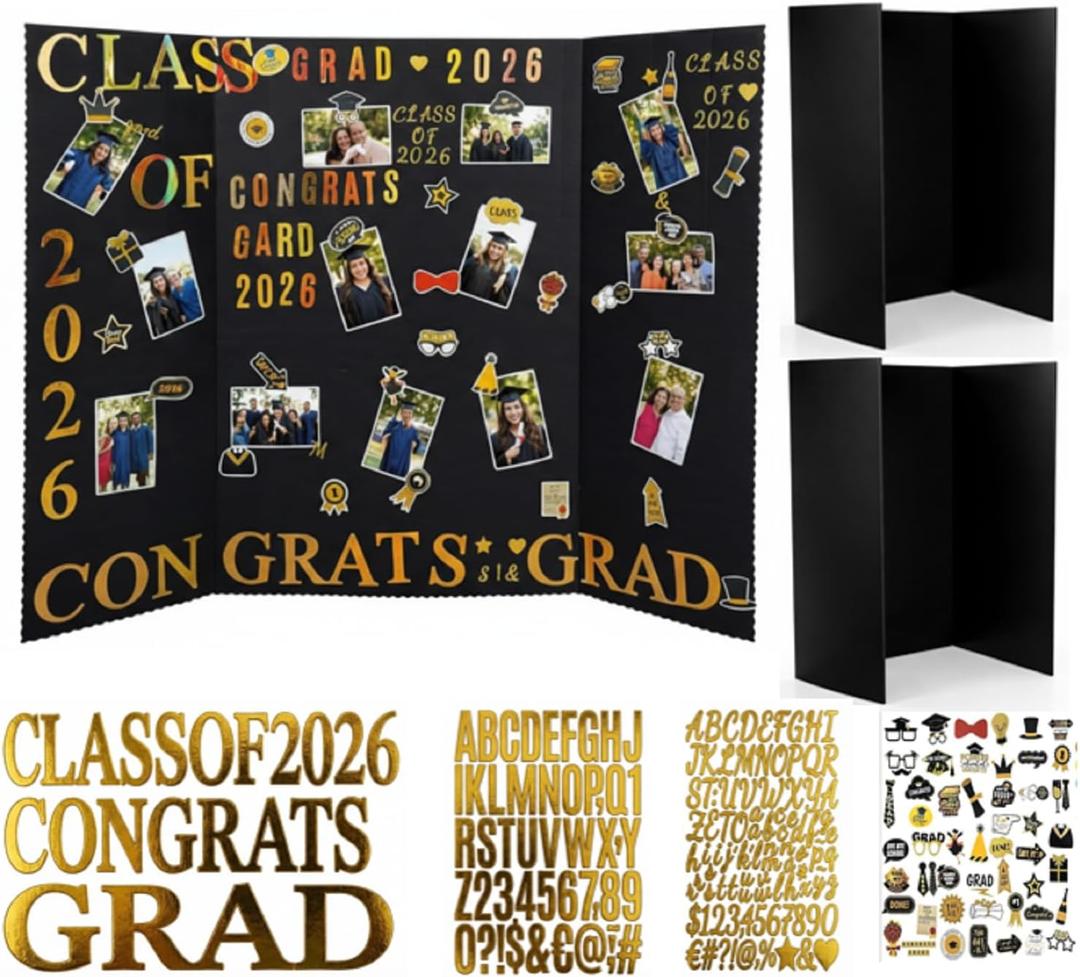 Harloon 2 Pack Black Graduation Photo Trifold Display Boards 36" X48" Graduation Photo Collage Board 9 Sheet Alphabet 52 Grad Stickers Class of 2026 Picture Display for Multiple Pictures Table Decor