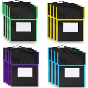 Outus Medium Book Pouches Nylon Black Book Bag with Clear Name Tag Pocket Stitched on Handle Reading Preschool Teacher Supplies for Students Classroom School Home, 9.8" x 11.8" (16 Pcs)