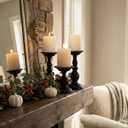 Black Pillar Candle Holders Set of 3, Vintage Candle Holder for Table Centerpiece & Fireplace Decor, Decorative Antique Candle Stand for Dining & Living Room Decoration