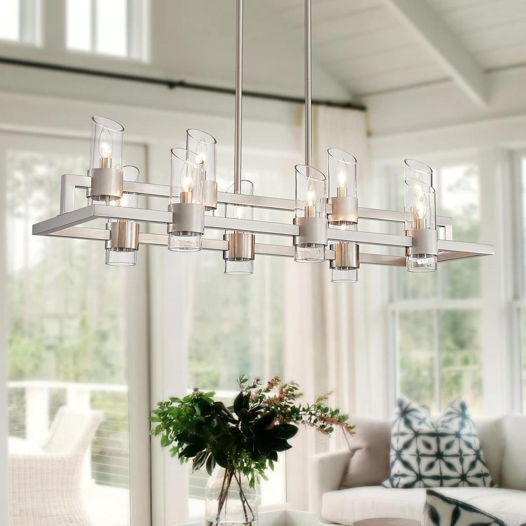 WUZUPS Island Rectangle Chandelier 10-Light with Clear Glass Industrial Modern Farmhouse Linear Light Fixture for Dining Room Kithen Island, Width 42.5" Height 10.4", Brushed Nickel
