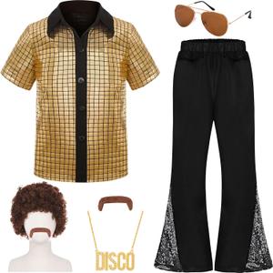Gorkonpy 70s Outfits for Boys Kids Disco Costume Halloween Party Dress Up (Gold, 10-12 Years)