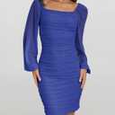 MEROKEETY Women Square Neck Lantern Long Sleeve Mesh Ruched Bodycon Clubwear Mini Dress (Medium, Blue)