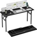 TEMI Long Computer Desk Folding Table - No Assembly, Compact 55.1" Foldable Desk with Power Outlets & USB Charging Port, Portable Lagre Office Desk, Study Table for Narrow Spaces, Dark Oak
