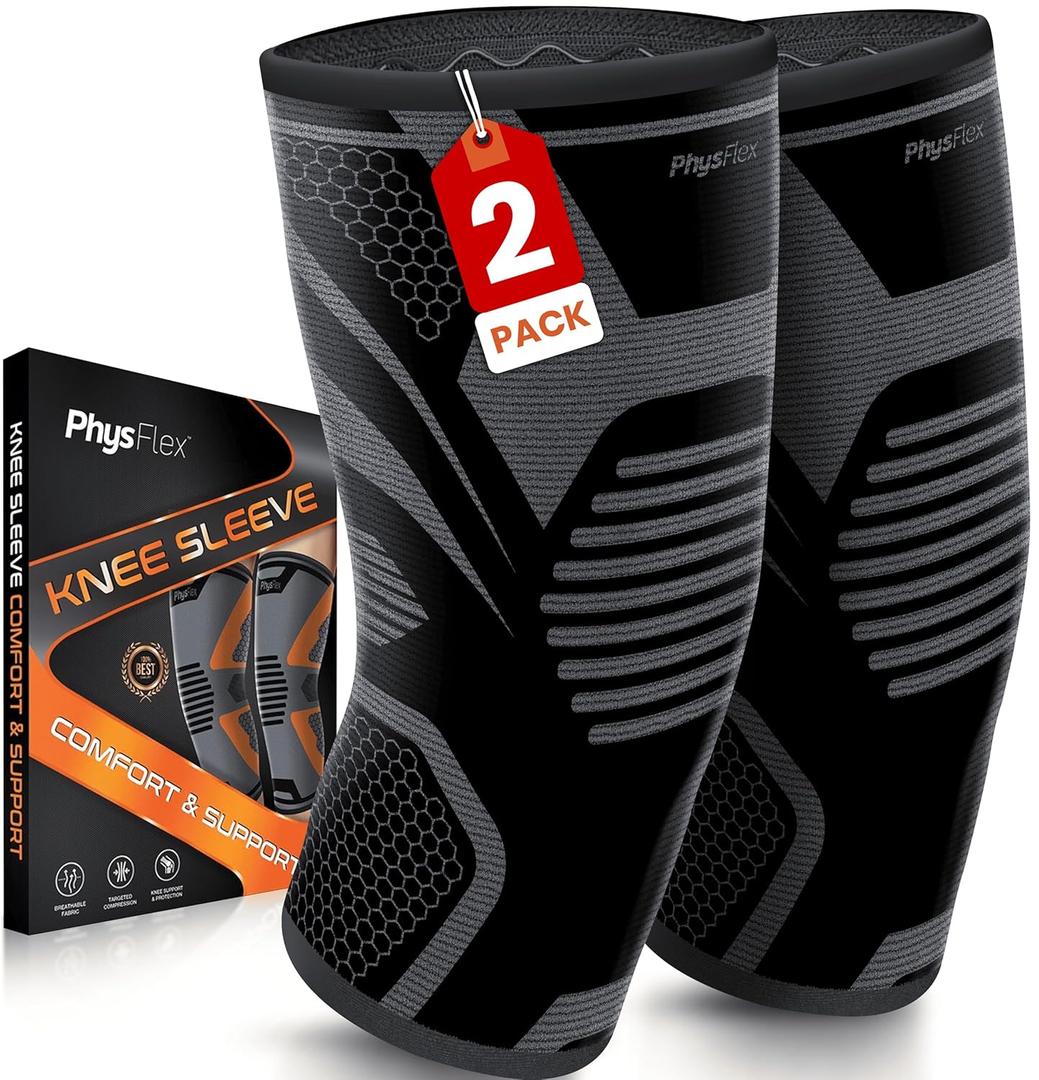 PhysFlex Knee Brace for Pain Relief - Knee Compression Sleeves for Men and Women - Support for Weightlifting, Gym, Workout, Volleyball, Arthritis (S, Black)