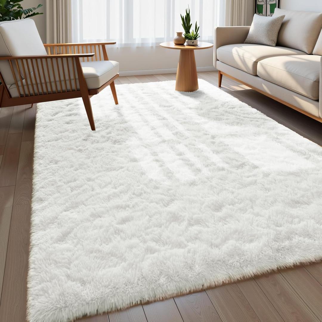 Fluffy Area Rugs for Bedroom Decor Aesthetic, 6x9 Cream White Shag Rug with Non-Slip Backing for Living Room, Soft Washable Fuzzy Carpet Modern Home Decor for Kids Nursery Girls Room