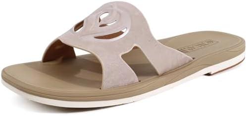 ONCAI Slides for Womens,Flat Dressy Square Toe Summer Beach Sandals for Woman with Comfortable Non-slip Rubber Soles Size 11, All Beige 