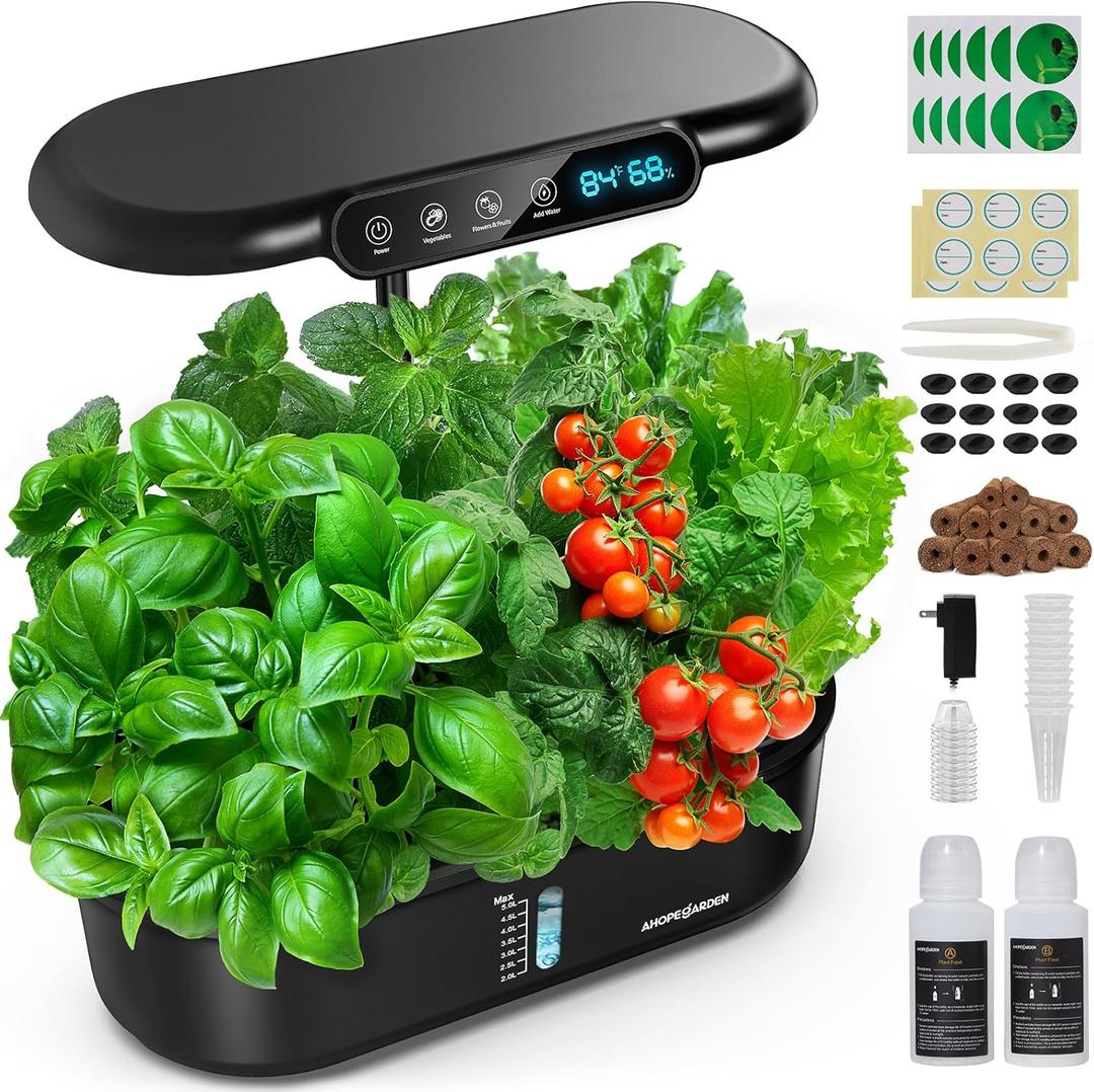 Ahopegarden Hydroponics Growing System kit: 12 Pod Indoor Herb Garden with Smart Environmental DetectionLED Grow LightLCD DisplayHydroponic Planter for VegetablesHerbLettuceHome Gardening (Black)