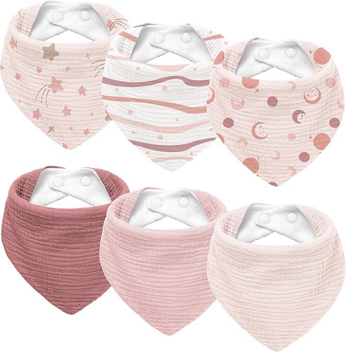 Susurration Muslin Baby Drool Bibs 6Pack Soft Triangular Adjustable Baby Bandana Bibs for Unisex Baby Girls & Boys (Pink Nebula)