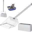 Tioncy Metal Cat Litter Scoop with Holder 17.5 Inch Long Handle Cat Scooper for Litter Box Deep Cat Fast Sifter Shovel Stainless Steel Cat Litter Sifter Scoop Pet Scooper for Kitten Cat Dog Poop