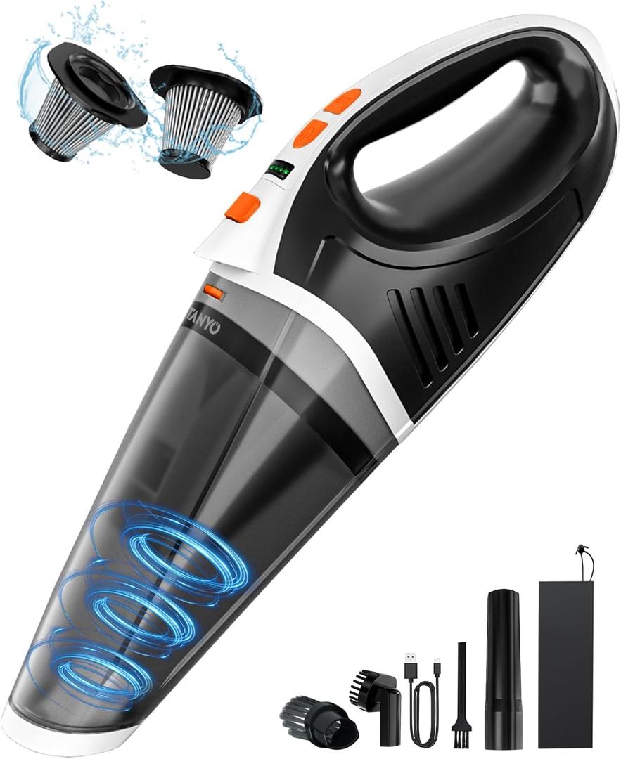 TANYO Handheld Vacuum Cordless Rechargeable, Car Vacuum Cleaner Portable 15KPA Strong Suction, Hand Held Brushless 5 in1 with LED Lights, Small Vacuum 120W for Car, Home, Office, Pet, Dust (White Orange)