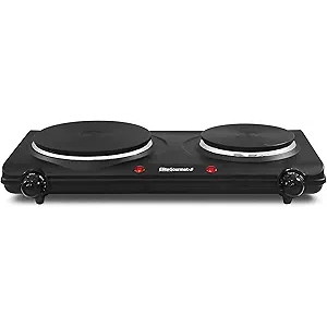 Elite Gourmet EDB-302BF Countertop Double Cast Iron Burner, 1500 Watts Electric Hot Plate, Temperature Controls, Power Indicator Lights, Easy to Clean, Black
