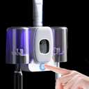 2 Cups Wall-Mounted Toothbrush Sterilizer Holder with Toothpaste Dispenser - 4 Slots,3 in 1 Toothbrush Cleaner, No Drilling, USB Charging, Ideal for Family Bathroom (Grey-Double Cup)