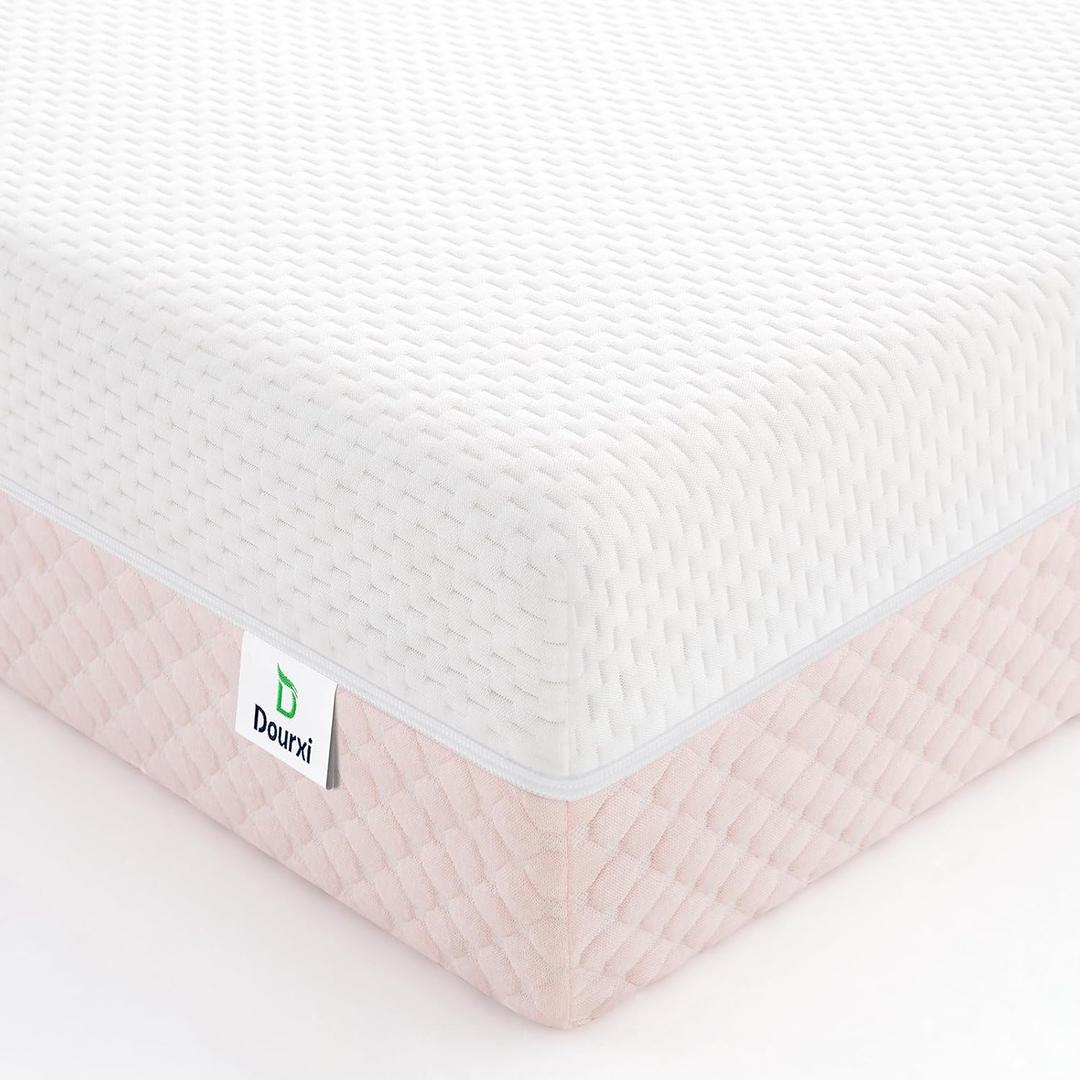 Dourxi Crib Mattress, Dual Sided Comfort Memory Foam Toddler Bed Mattress, Triple-Layer Breathable Premium Baby Mattress for Infant and Toddler w/Removable Outer Cover - White&Pink