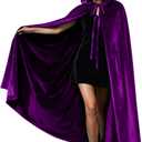 Velvet Hooded Cloak for Adults Full-Length Medieval Cape with Oversized Hood for Halloween Cosplay Gothic Wizard (Purple, L)