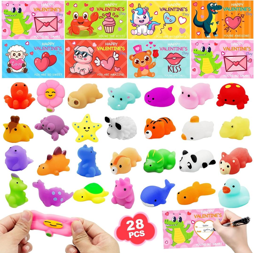 28 Packs Valentine Mochi Squishy Toys with Cards Animal Squishies for Kids Valentines Day Gift Exchange Boys and Girls Classroom Prizes Valentine Party Favors Supplies