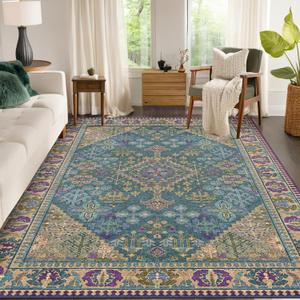 5x7 Boho Machine Washable Low Pile Area Rugs for Living Room Teal Purple