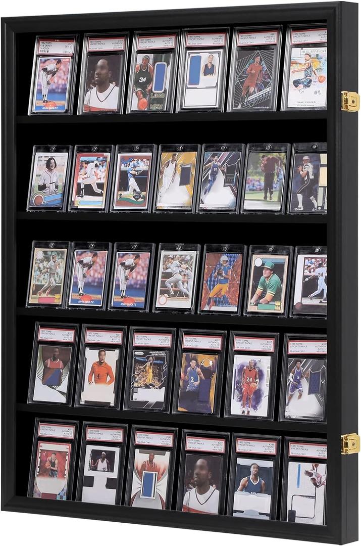 VERANI 35 Baseball Card Display Case - Graded Sports Card Display Frame - Holds Sport Cards with UV Protection Clear View Lockable Wall Cabinet for Football Basketball Hockey Trading Card Large Black