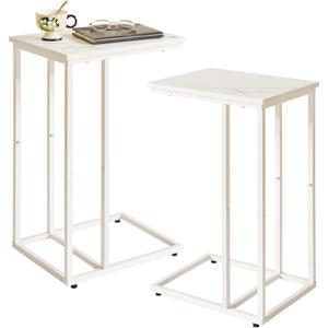 C Shaped End Table Set of 2, Small Side Table for Sofa and Bed, White Bedside Table, Laptop Desk for Couch 16x12x25 inch Faux Marble+White YD-TM051W-2