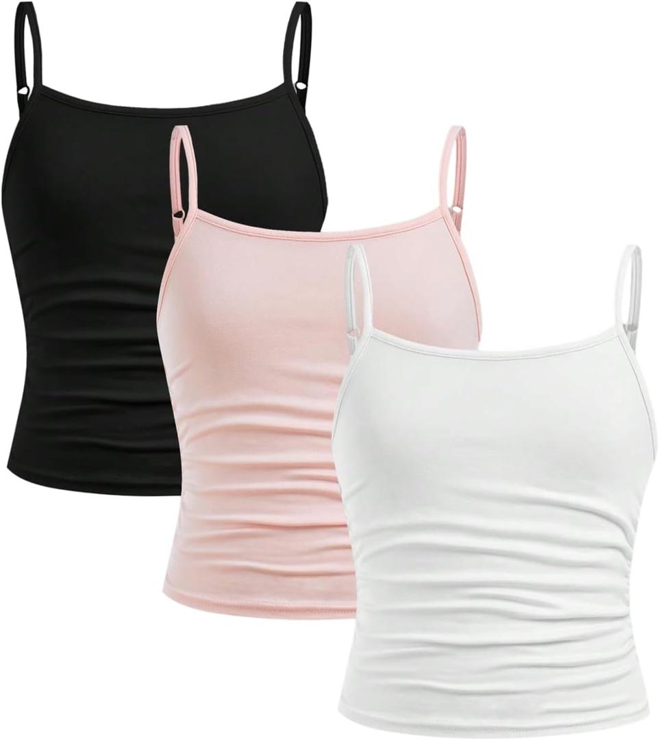SOLY HUX Girl's Tank Tops 3 Packs Cute Ruched Spaghetti Strap Camisole Slim Fit Undershirts Light Pink White Black 12 Years