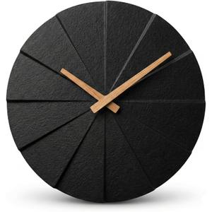 Driini Staircase Modern Wall Clock - Unique 10.5 in. Frameless Concrete Design - Contemporary, Minimalist Decor; No Numbers - Silent Battery Operated Clocks with Decorative Wooden Hands; Black