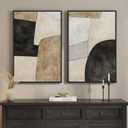 Framed Beige Black Abstract Wall Art for Living Room, Set of 2 Minimalist Geometric Neutral Artwork for Walls, Large Contemporary Painting Print for Bedroom Hallway Home Office Wall Decor, 24x36 Inch