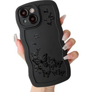 ZTOFERA Wavy Phone Case for iPhone 14,Unique Curly Wave Frame & Butterfly Pattern,Black Soft Liquid Silicone Anti-Fingerprint Shockproof Full Cover & Lens Protective Case for iPhone 14-Butterfly